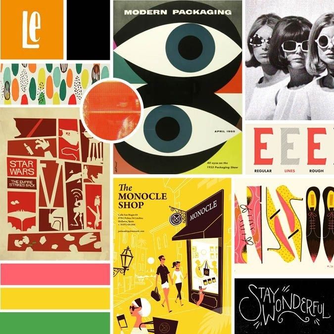Grafisk moodboard med retrotypografi, symboler, färgfält och illustrationer