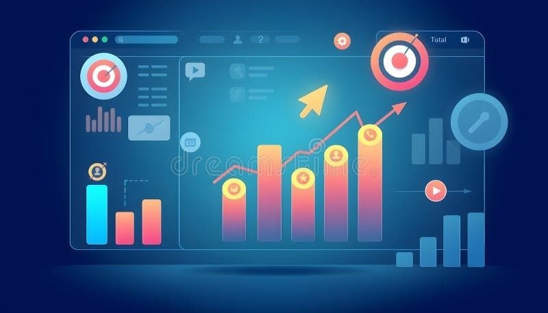 Illustrerad analysdashboard med målgrafik, staplar och stigande pilar